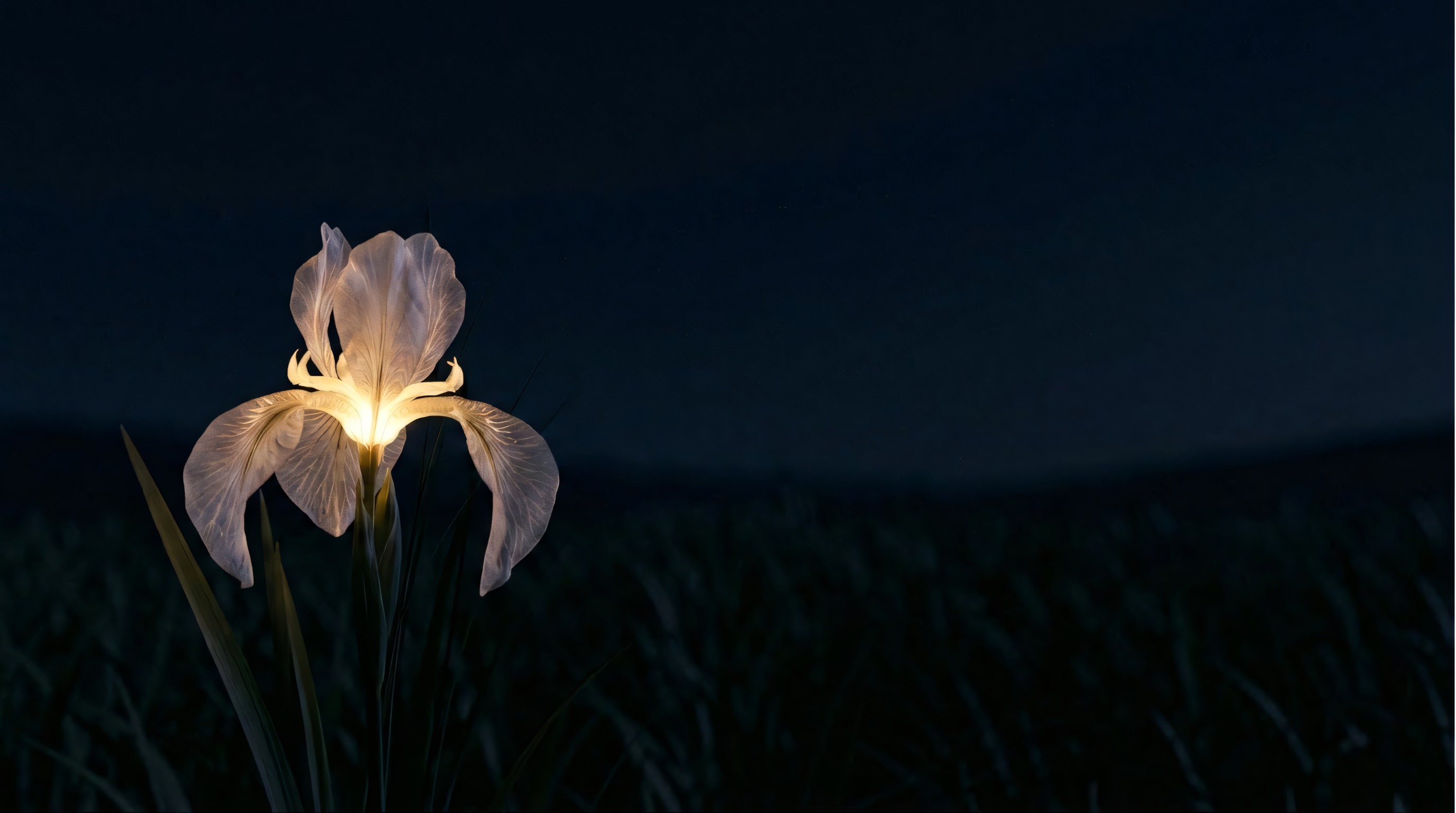 Een enkele iris in het licht, de rest van het veld in schaduw